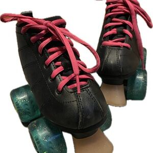 Black Roller Skates with Pink Laces custom wheels and brakes